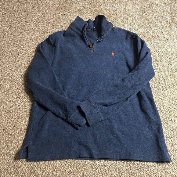 POLO Ralph Lauren Blue 1/4 Zip Men's L Pullover Knit Sweater – Orange Pony - Picture 1 of 9